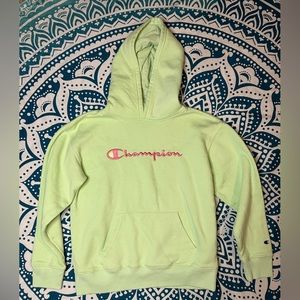 Champion Light Green Hoodie with Pink Logo